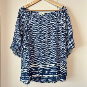 Blue White Boho Patterned Top Boatneck & Balloon Sleeves size L